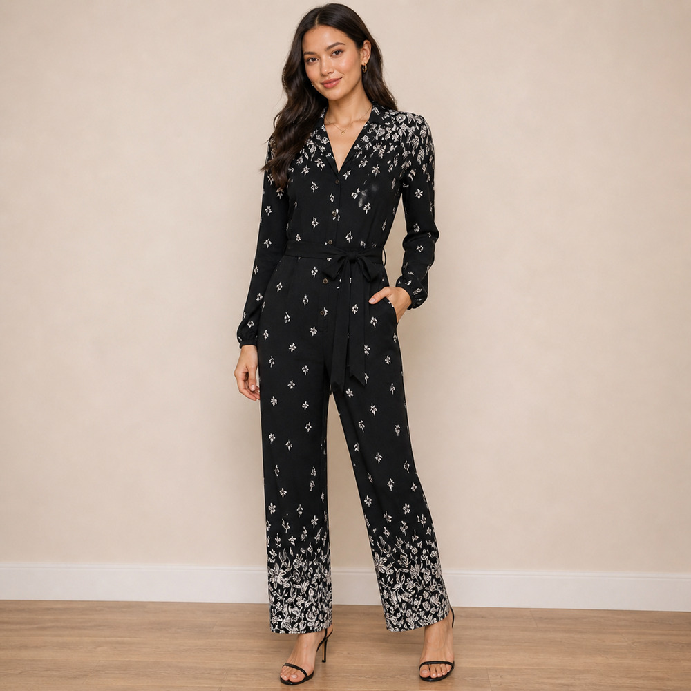 Anthropologie Lilka Lakeshore Jumpsuit Navy Floral Button Front Belted Wide Leg